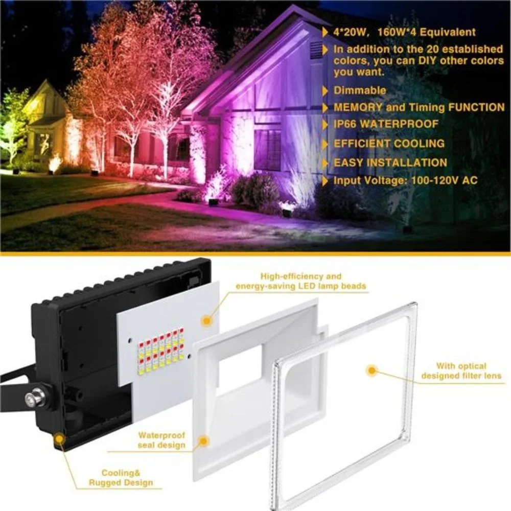 6 Pack RGB LED Flood Light Outdoor 500W Equivalent, Color Changing with Remote
